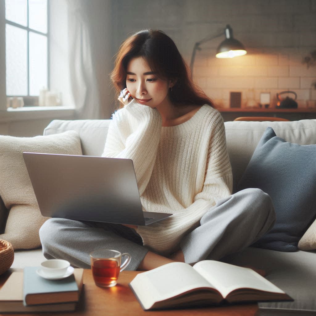 챗GPT의 새로운 기능을 활용하여 블로그 콘텐츠 아이디어를 구상하는 한국인 주부의 진지한 모습. 인공지능 기술이 일상에 가져온 긍정적인 변화를 보여주는 장면.