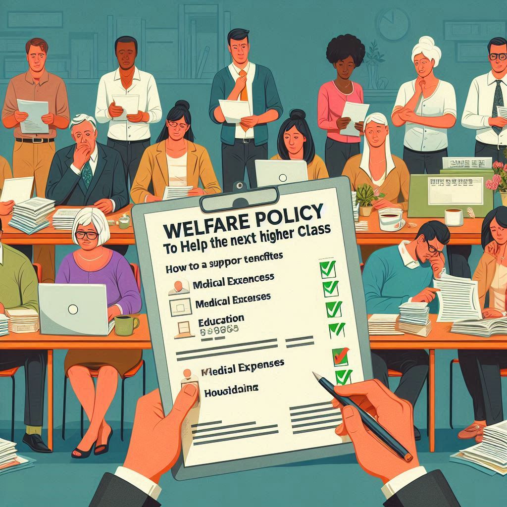차상위계층이 다양한 복지 혜택(의료비, 교육비, 주거 지원 등)을 살펴보는 장면.