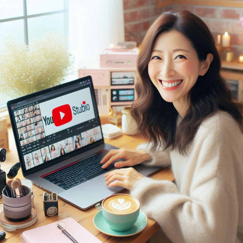 40대 한국인 여성이 따뜻한 집 안에서 노트북으로 유튜브 스튜디오와 ChatGPT를 활용하며 영상 콘텐츠 아이디어를 구상하는 모습. 그녀는 콘텐츠 제작에 대한 설렘을 느끼며 즐거운 표정을 짓고 있다. 아늑한 거실의 자연광과 따뜻한 분위기에서 인공지능을 활용한 창작의 가능성을 보여준다