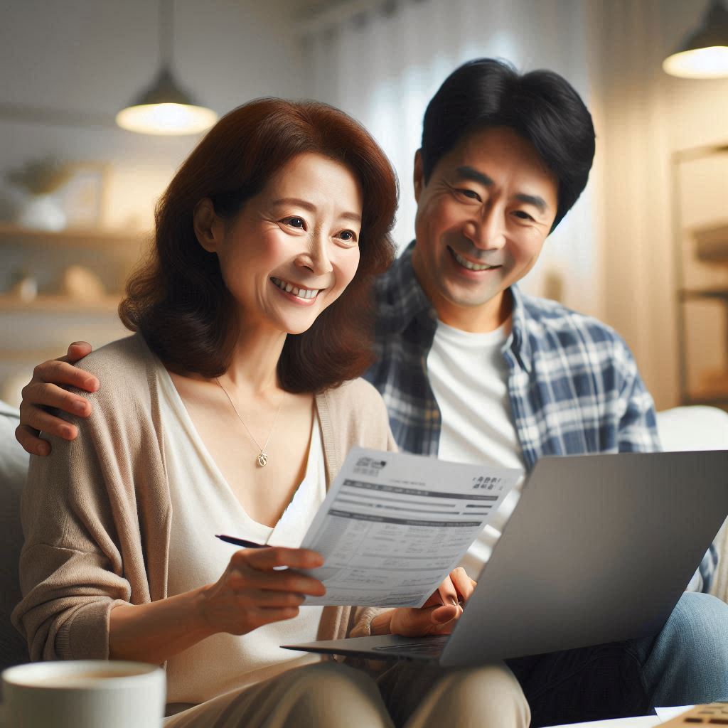 집에서 편안하게 노트북으로 운동·문화생활비 세액공제 정보를 확인하며 연말정산 준비를 시작하는 40대 한국인 주부의 모습. 놓치기 쉬운 세금 혜택을 꼼꼼히 알아보고 만족감을 표현하고 있다.