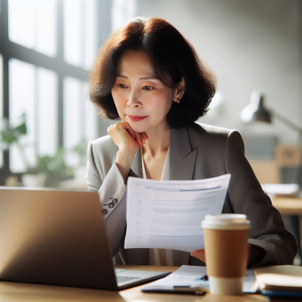 2025년 고용장려금 신규사업 혜택을 꼼꼼하게 확인하는 40대 한국인 여성 자영업자. 새로운 사업 기회를 탐색하며 고용 유지와 성장을 위한 정부 지원금을 알아보는 모습에서 고용장려금이 자영업자에게 얼마나 중요한지 엿볼 수 있다.