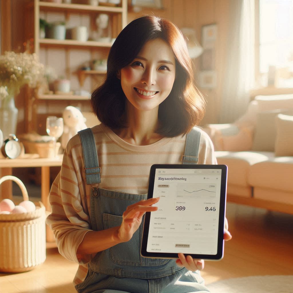 AI 블로그 글쓰기 루틴으로 성과를 내고 있는 한국인 주부 블로거의 모습. 태블릿으로 블로그 통계를 확인하며 만족스러운 미소를 짓고 있습니다. ChatGPT를 활용한 정책·혜택 포스팅 자동화 덕분에 블로그 운영이 더욱 즐거워졌다는 것을 보여줍니다.