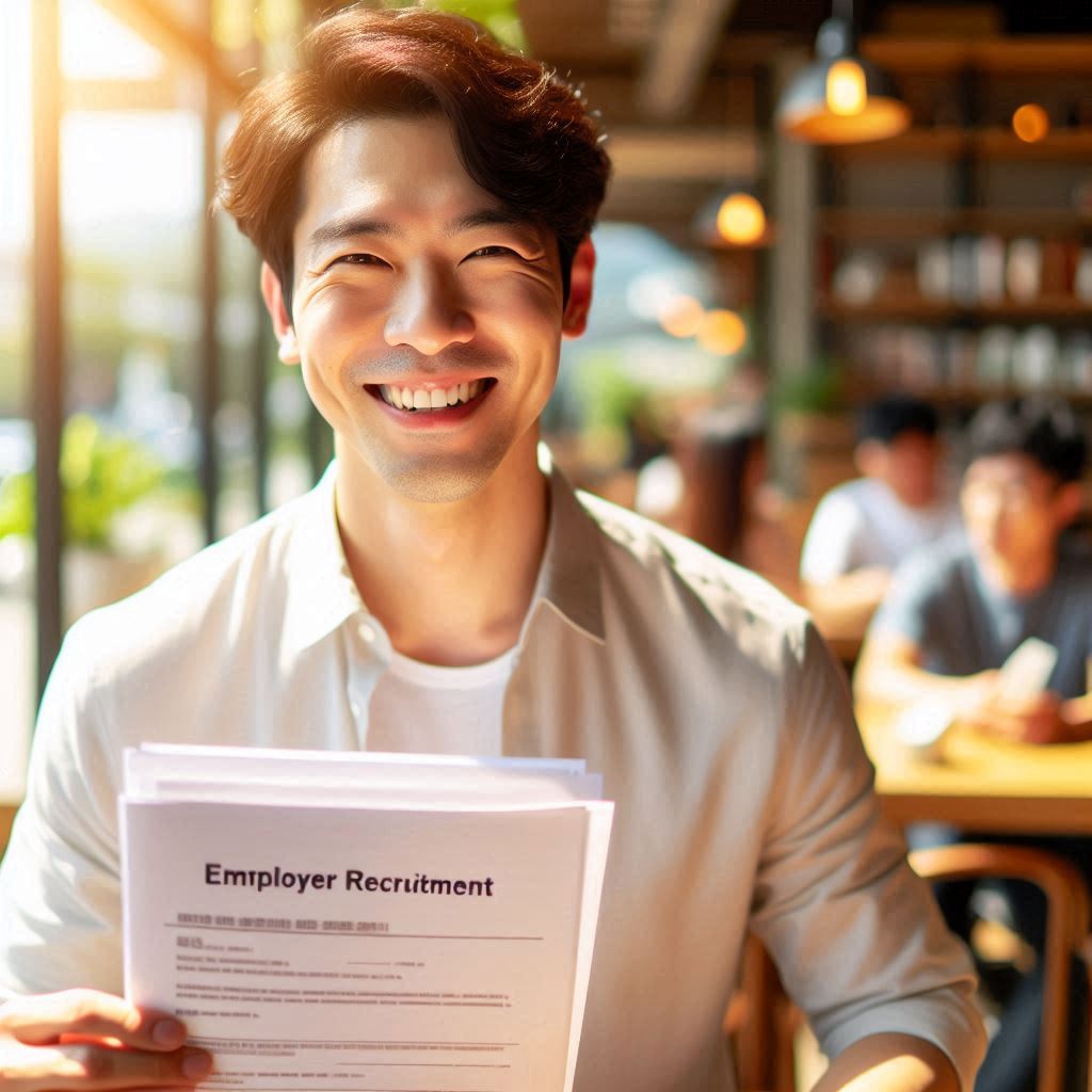 2025년 고용장려금 신규사업을 통해 새로운 직원을 채용하고 있는 한국인 자영업자의 밝은 모습. 고용장려금 혜택 덕분에 인력 충원의 부담을 덜고 사업 확장을 계획하는 자영업자의 희망찬 미래를 보여준다.