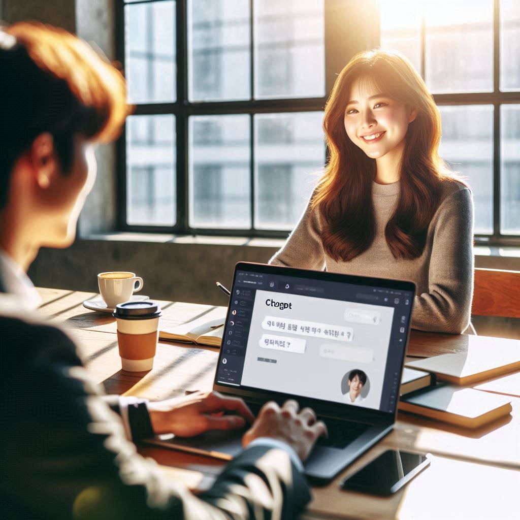 ChatGPT를 활용해 정책·혜택 포스팅을 자동화하며 즐겁게 글쓰기를 하고 있는 30대 한국인 여성과 남성블로거의 모습. 자연광이 가득한 사무실에서 AI 글쓰기 혁명을 실현하고 있는 장면으로, 효율적이고 혁신적인 작업 환경을 보여줍니다.