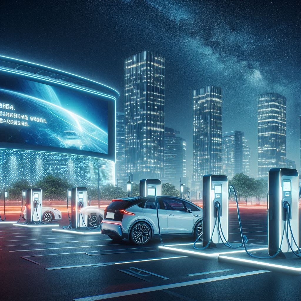 2025년 전기차 충전 시설 지원금 확대 정책으로 인해 밤에도 편리하고 안전하게 이용할 수 있게 된 전기차 충전소의 모습. 다양한 전기차들이 충전 중이며, 조명이 환하게 비춰 미래 전기차 시대의 밝은 비전을 보여준다. 충전 인프라 확충의 중요성을 시각적으로 표현.