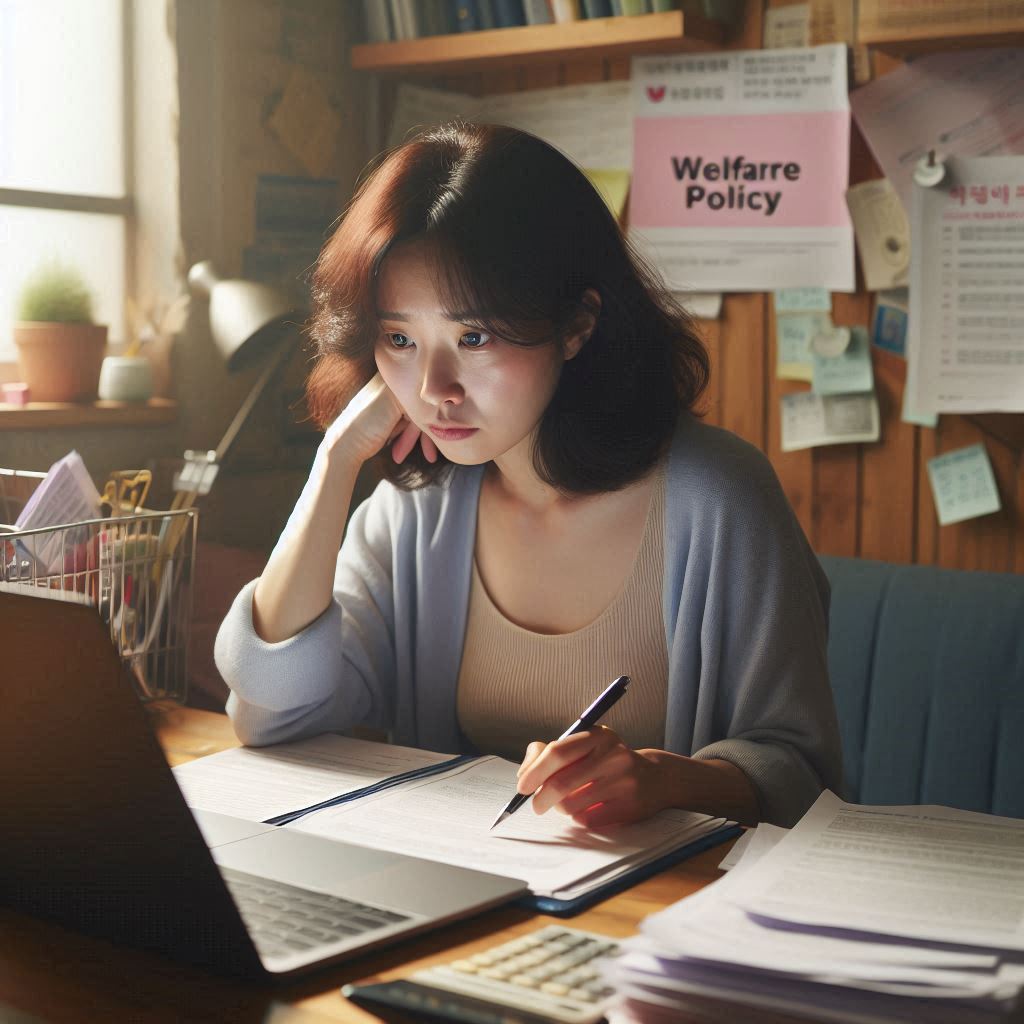 1인가구와 차상위계층의 차이점을 이해하기 위해 집중하는 한국인 여성의 모습. 복잡한 복지 정책을 꼼꼼히 살펴보며 필요한 정보를 찾는 진지한 순간이 담겨 있다. 개인의 상황에 맞는 혜택을 찾기 위한 노력과 헌신이 돋보이는 장면이다.