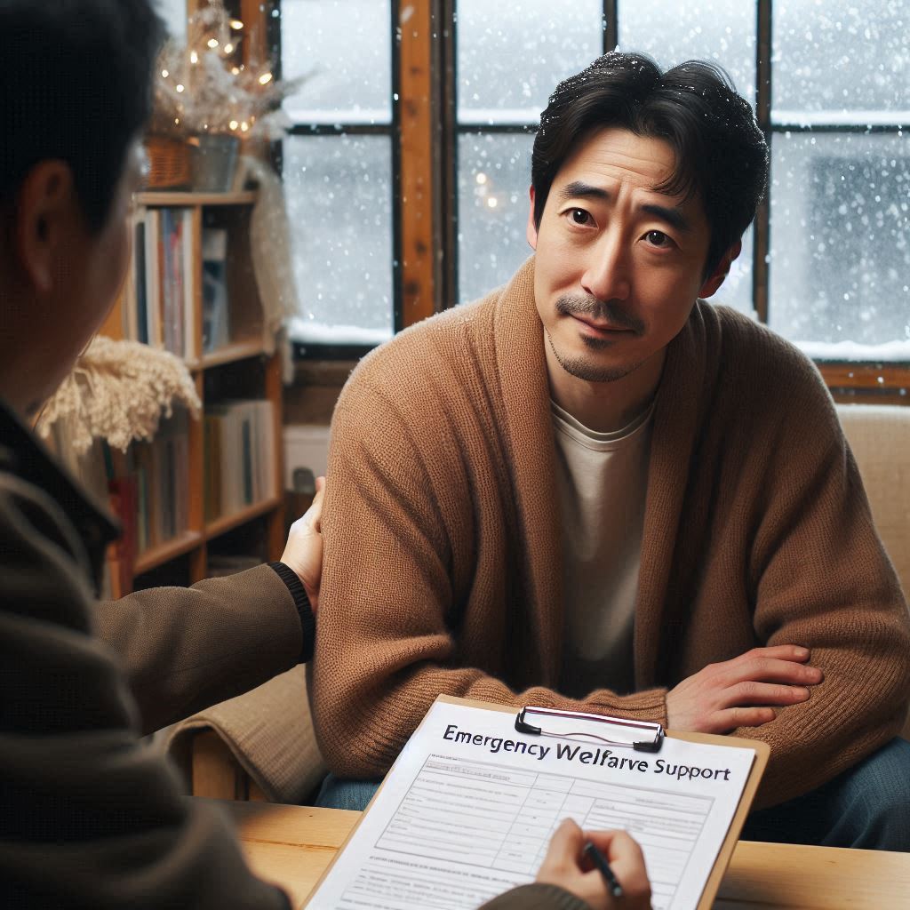 겨울철 주민센터에서 긴급복지 지원을 받는 40대 남성, 손에 긴급복지 지원신청서를 들고 상담을 받고 있는 모습. 눈이 내리는 창밖과 따뜻한 실내에서, 희망의 불빛을 찾은 듯한 안도의 미소를 짓고 있습니다. 그의 사연을 통해 긴급복지 지원제도가 어려움에 처한 이들에게 희망을 주는 장면입니다.
