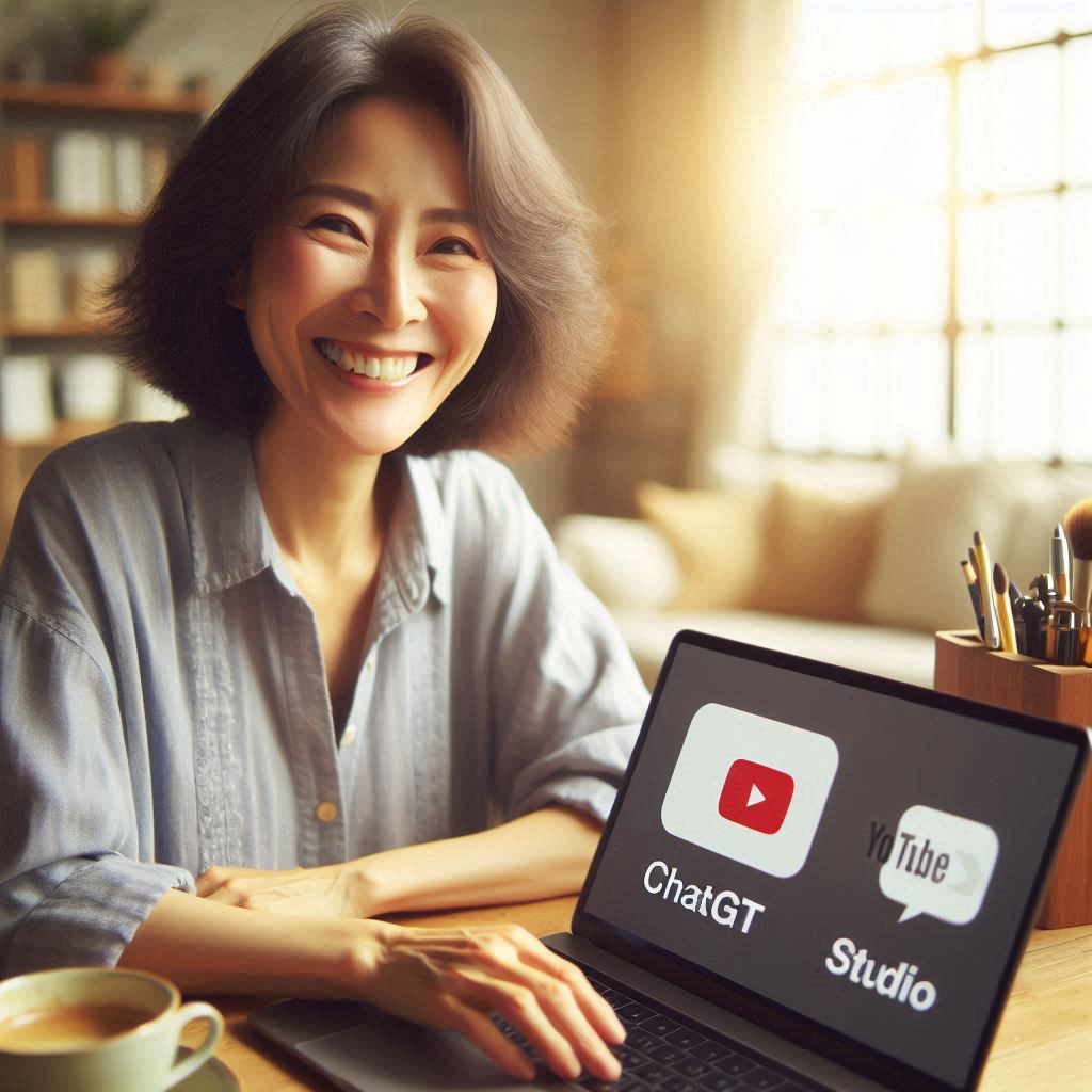밝은 자연광이 가득한 거실에서 40대 한국인 여성이 노트북 화면을 바라보며 환하게 웃고 있다. 노트북 화면에는 ChatGPT와 유튜브 스튜디오 화면이 동시에 띄워져 있고, 옆에는 커피 한 잔과 필기구가 놓여 있다.